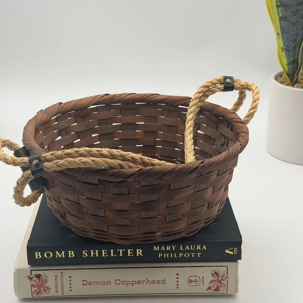 Vintage Woven Bamboo Basket with Rope Handles Made in Japan Dark Reddish Brown